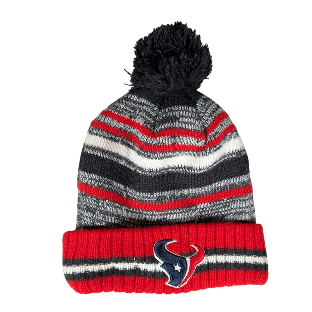 NFL Houston Texans Knit Beanie Hat Pom Pom Striped Reversible Red Blue White